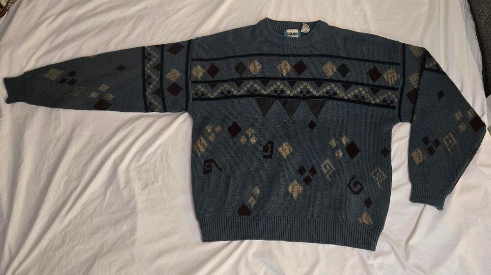 Vintage Gitano Geometirc Knit Sweater, 80s 90s Funky Argyle Design. Blue Size L